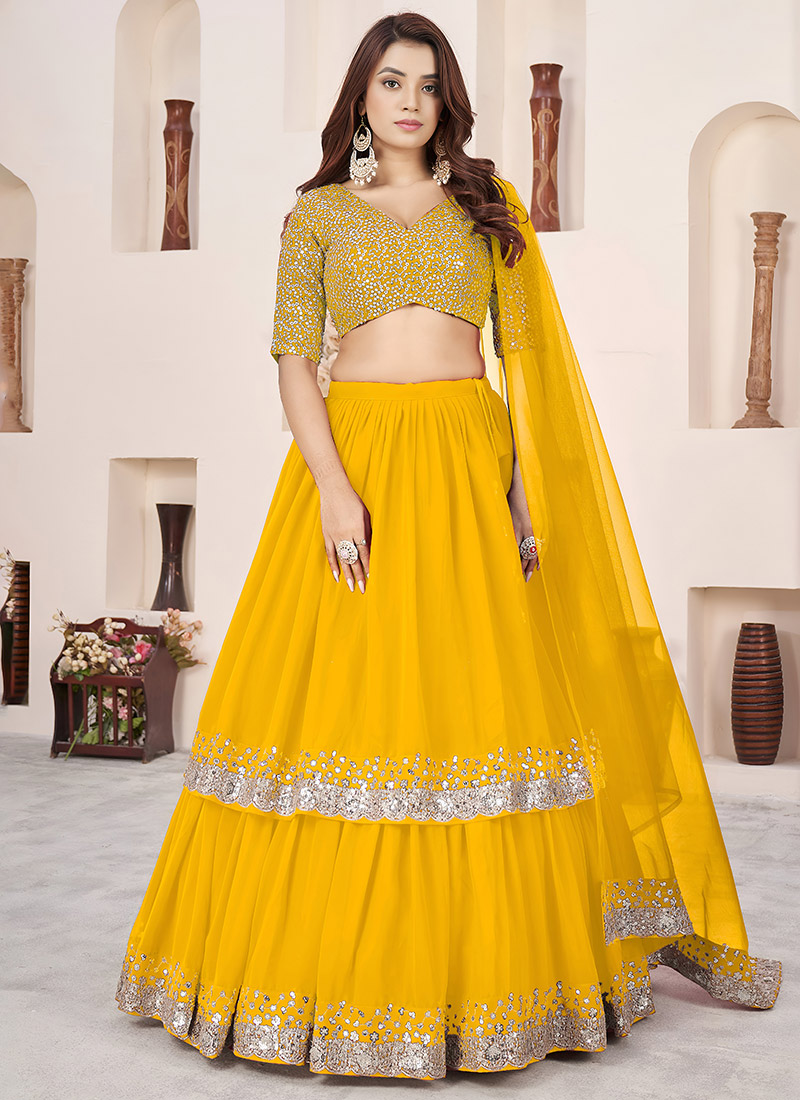 Yellow Georgette Sequins Zari Embroidered Lehenga Wedding Wear