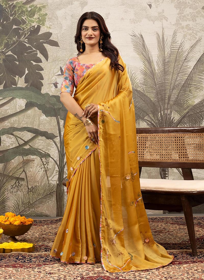 Yellow Georgette Silk Printed Saree After Six Wear
