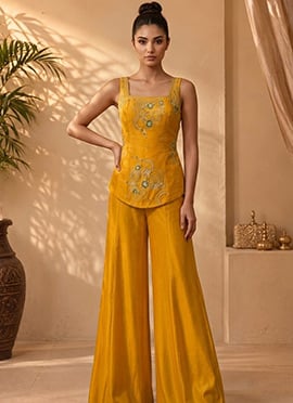 Yellow Georgette Zari Beads Sequins Embroidered Indo Western Palazzo Set