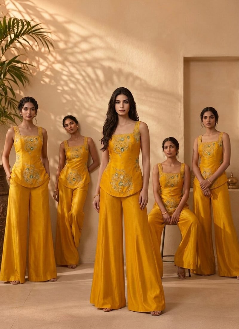 Yellow Georgette Zari Beads Sequins Embroidered Indo Western Palazzo Set Wedding Wear
