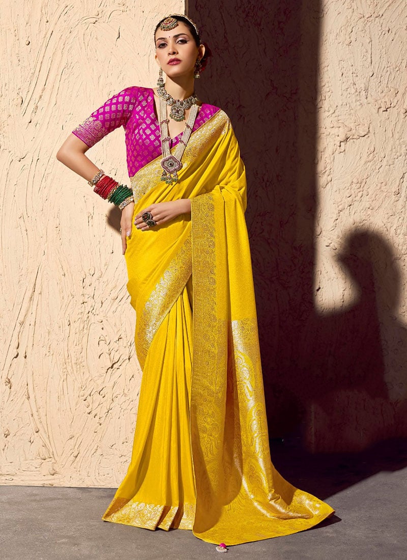 Yellow Georgette Zari Embroidered Saree Festive Wear