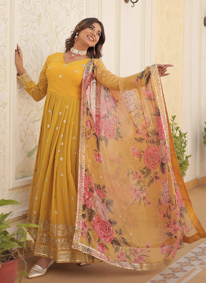 Yellow Georgette Zari Embroidered Sequins Anarkali Gown And Sequins Dupatta Party Wear-BGWRSPRT23169