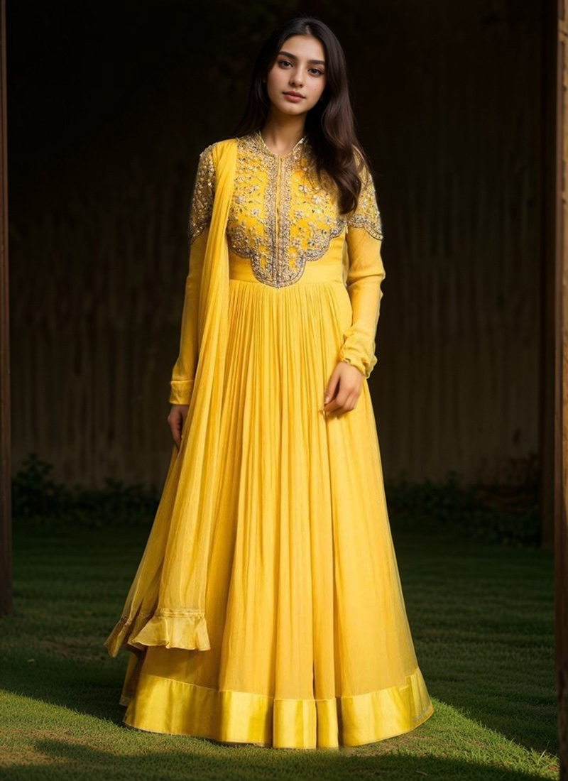Yellow Georgette Zari Sequins Hand Embroidered Anarkali Suit Festive Wear-SLSCCRM202508