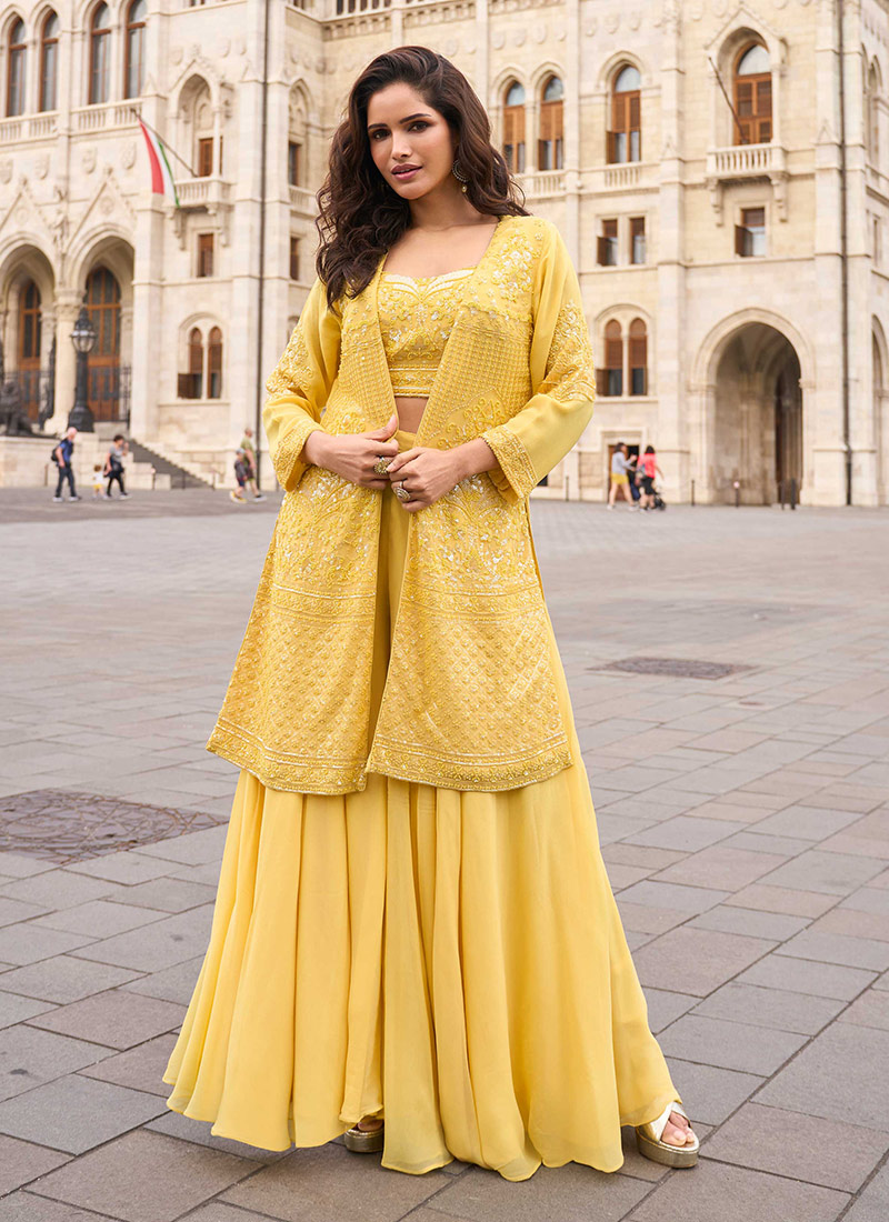 Yellow Georgette Zari Embroidered Sequins Indowestern Jacket Palazzo Set