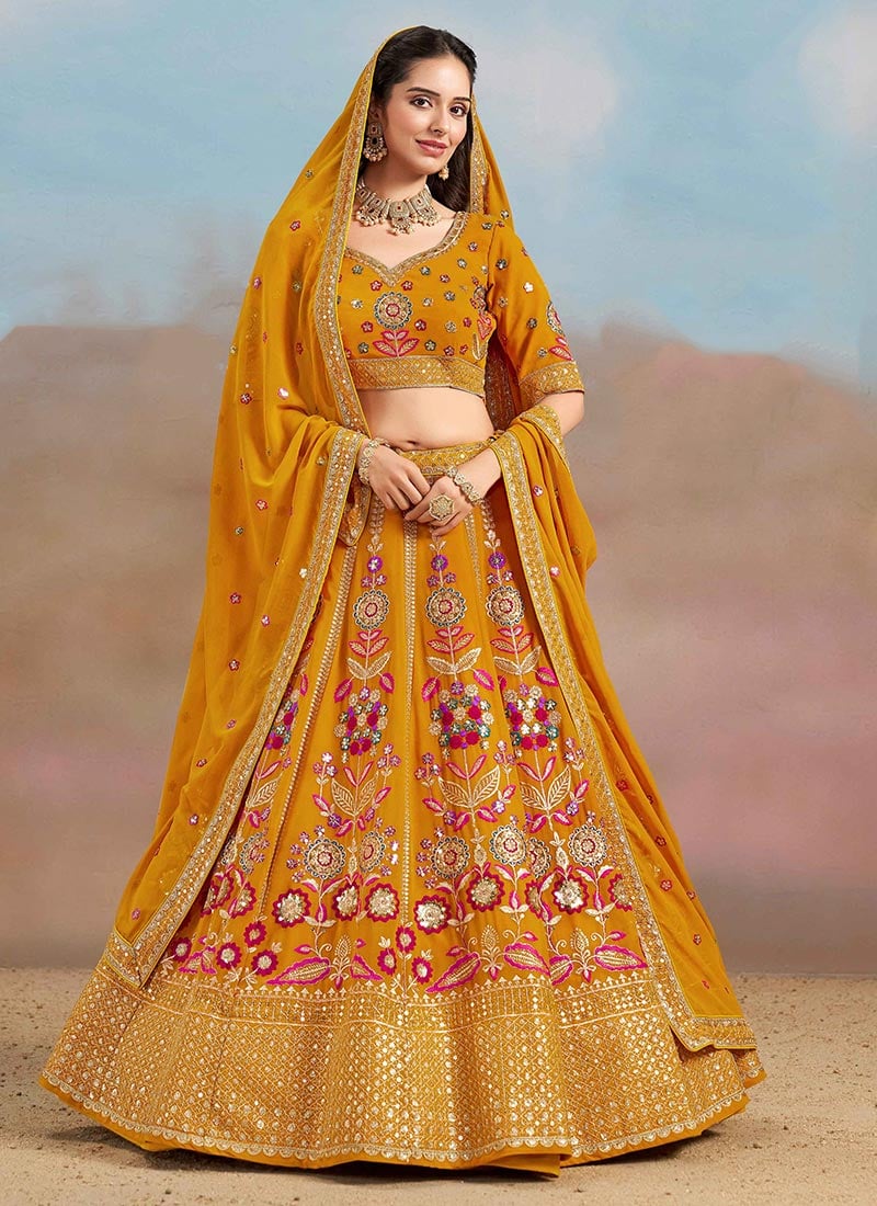 Yellow Georgette Zari Embroidered Sequins Lehenga Wedding Wear