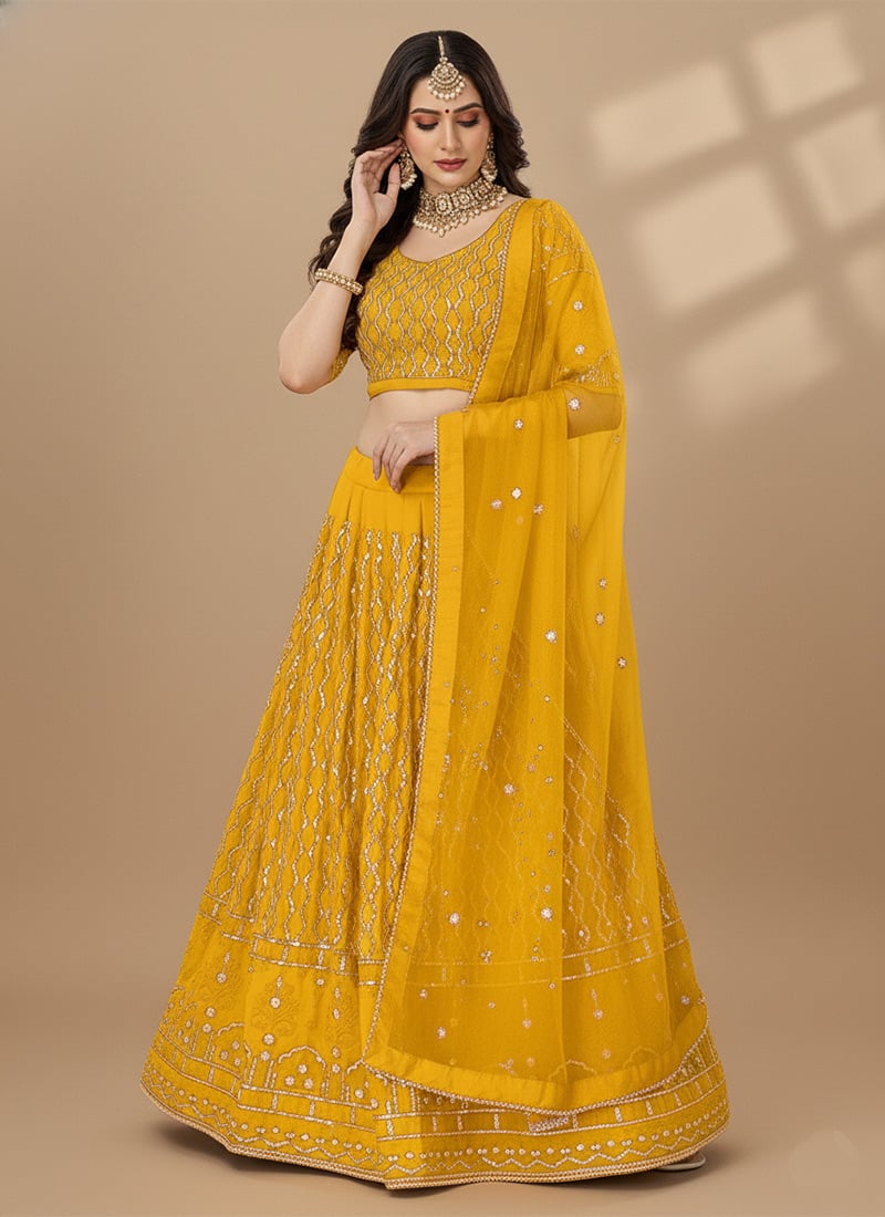 Yellow Georgette Zari Embroidered Sequins Lehenga Festive Wear