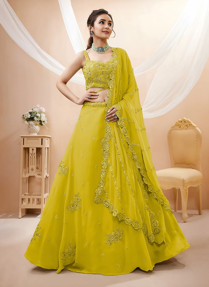 Yellow Georgette Zari Embroidered Sequins Lehenga Wedding Wear