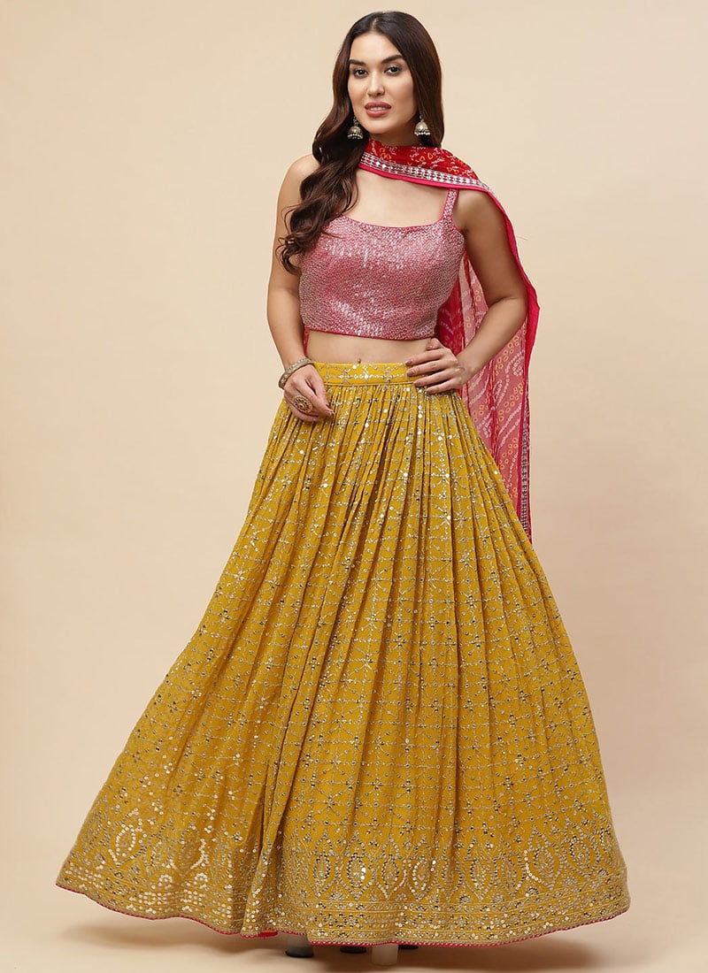 Yellow Georgette Zari Embroidered Sequins Lehenga With Bandhini Print Dupatta Wedding Wear