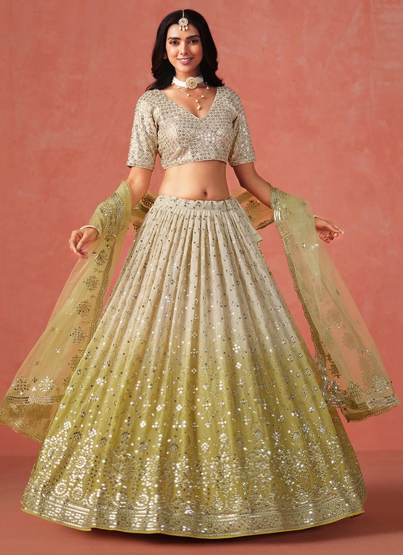 Yellow Georgette Zari Embroidered Sequins Umbrella Lehenga Wedding Wear