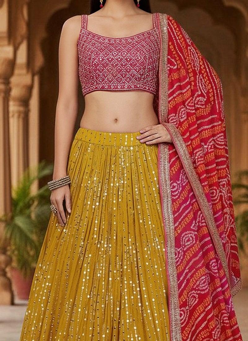 Yellow Chinon Lehenga Choli With Blouse & Dupatta For Indian & Pakistani Wedding Festival - Sequins & Thread Embroidered Work