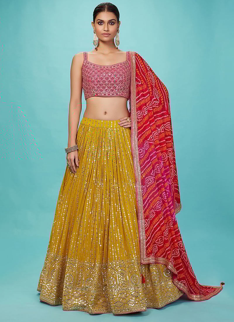 Yellow Georgette Zari Embroidered Sequins With Mirror Work Lehenga With Bandhini Print Dupatta