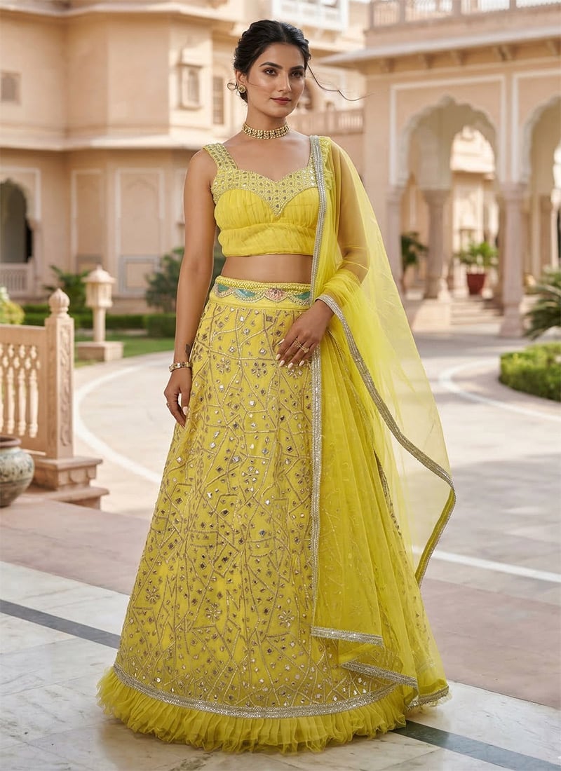 Yellow Georgette Zari Lehenga Wedding Wear