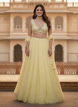 Yellow Georgette Zari Mirror Work Lehenga