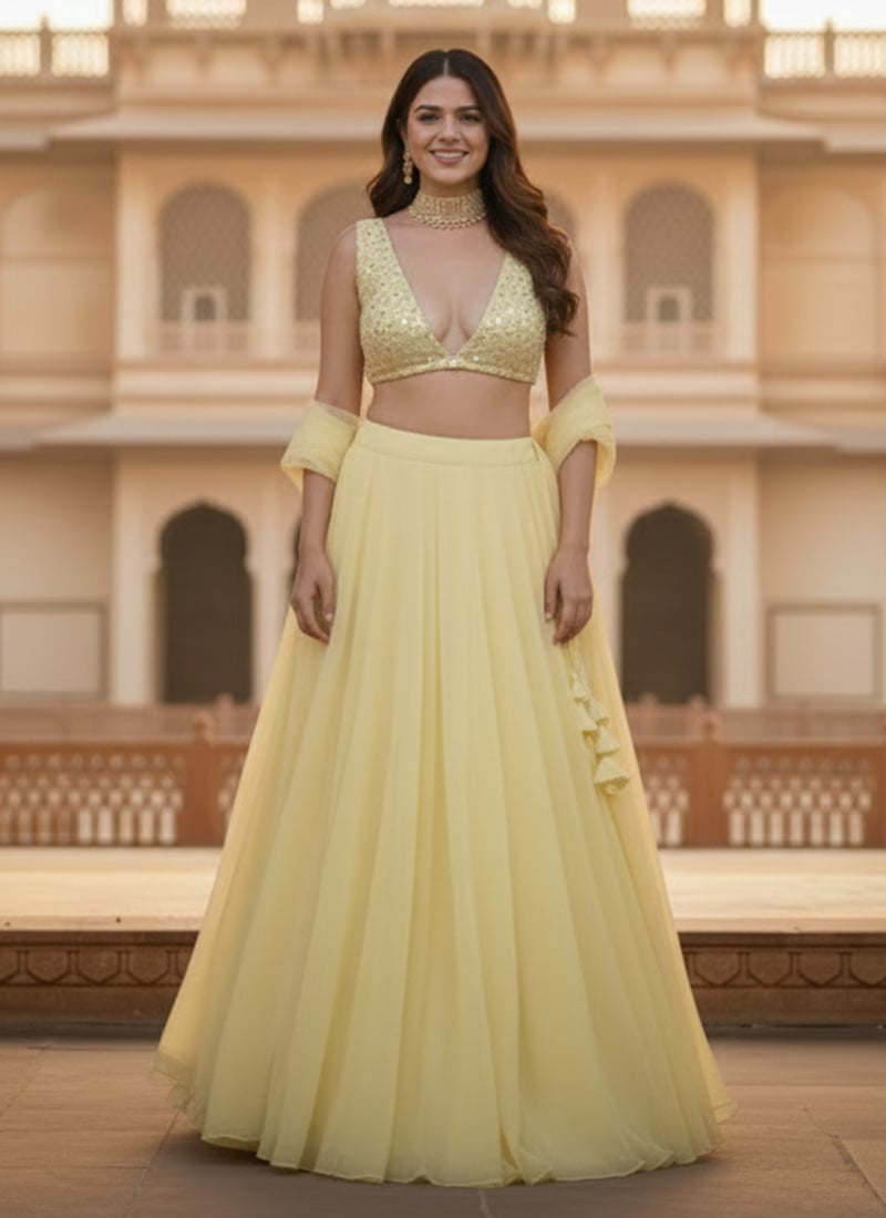 Yellow Georgette Zari Mirror Work Lehenga  Wedding Wear