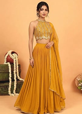 Yellow Georgette Zari Mirror Work Sequins Embroidered Lehenga
