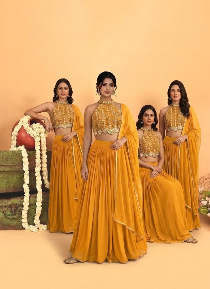 Yellow Georgette Zari Mirror Work Sequins Embroidered Lehenga Wedding Wear
