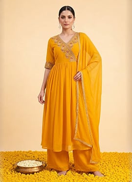 Yellow Georgette Zari Resham Embroidered Angarkha Palazzo Suit