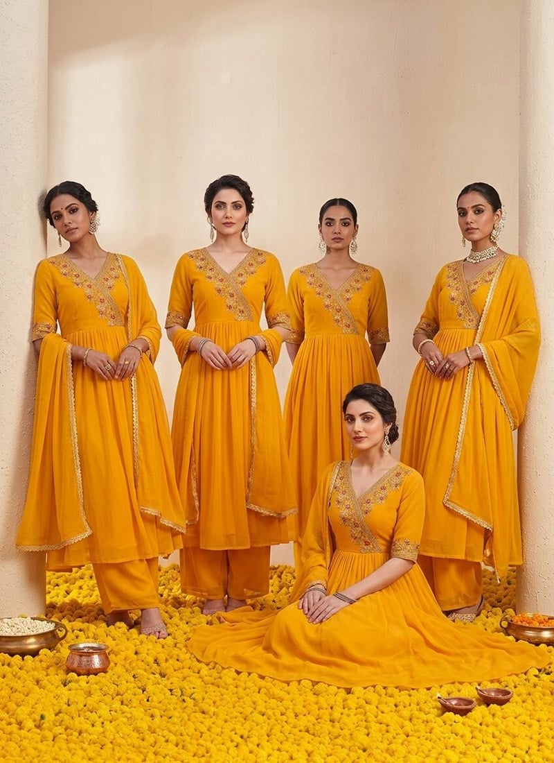 Yellow Georgette Zari Resham Embroidered Angarkha Palazzo Suit Festive Wear