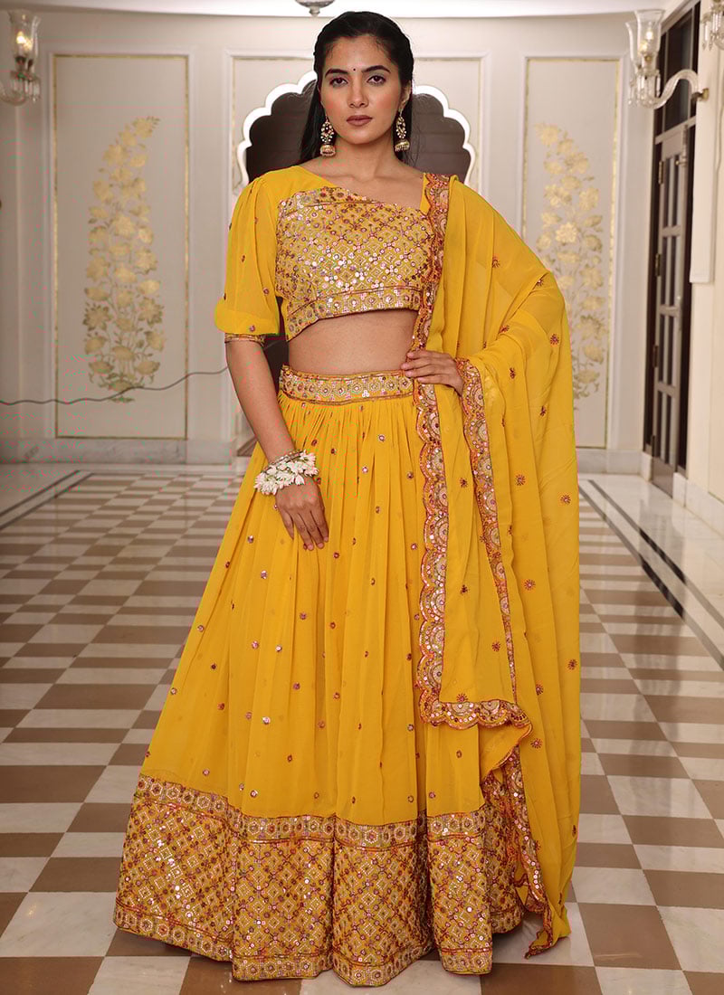 Yellow Georgette Zari Sequins Embroidered Lehenga  Wedding Wear