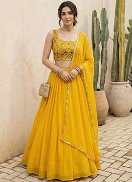 Yellow Georgette Zari Sequins Embroidered Lehenga Set