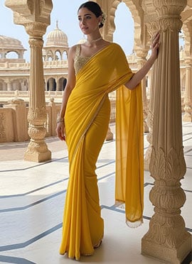 Yellow Georgette Zari Sequins Hand Embroidered Saree