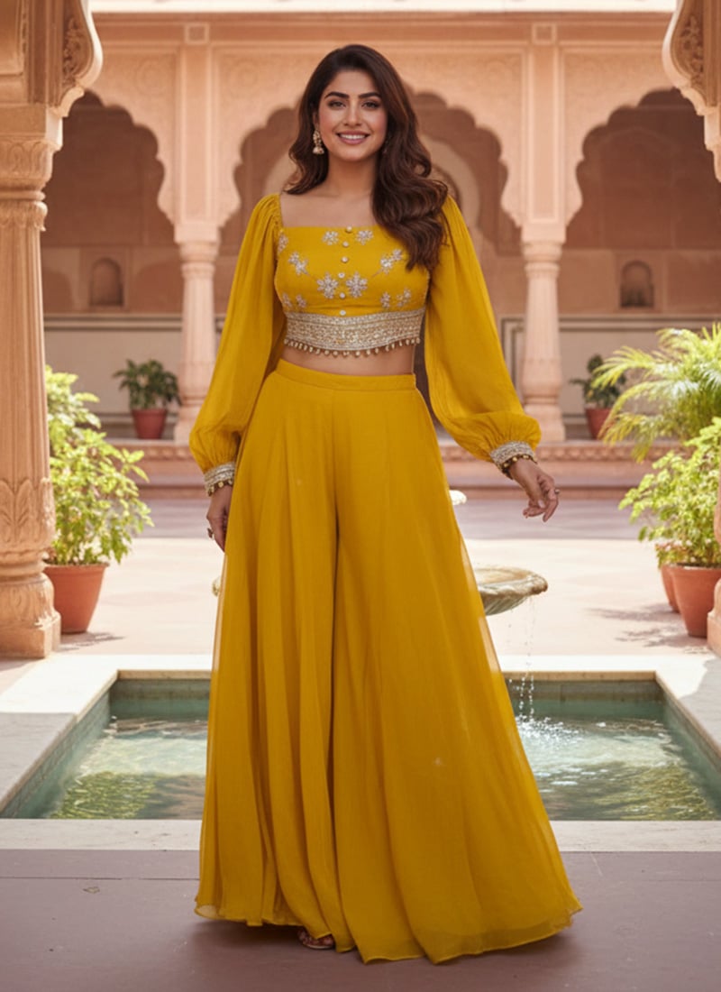Yellow Georgette Zari Sequins Indowestern Sets And Suits Wedding Wear