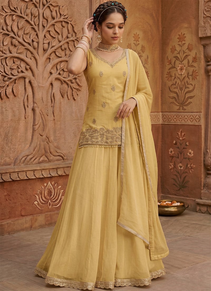 Yellow Georgette Zari Sequins Palazzo Suit Festive Wear