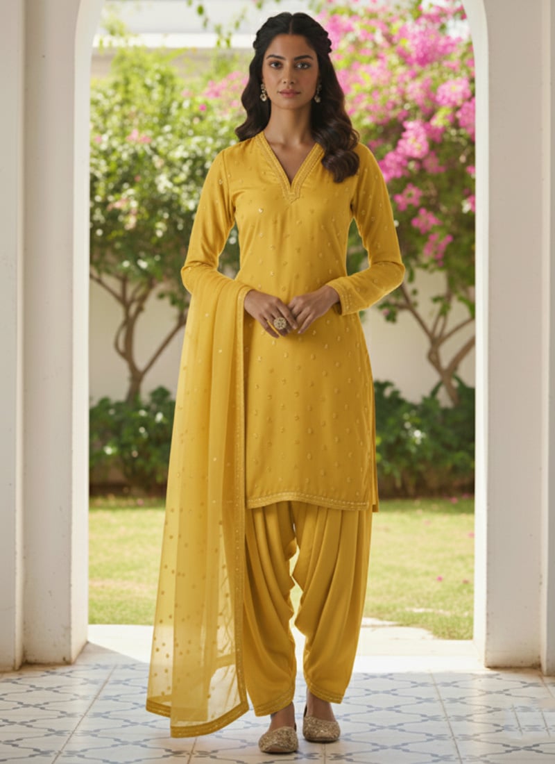 Yellow Georgette Zari Sequins Salwar Suit Festive Wear