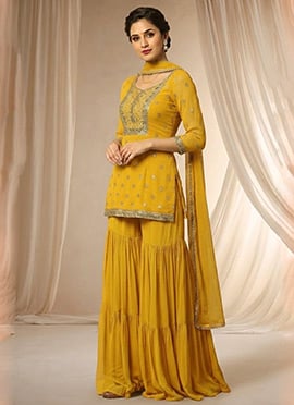 Yellow Georgette Zari Sequins Sharara Suit