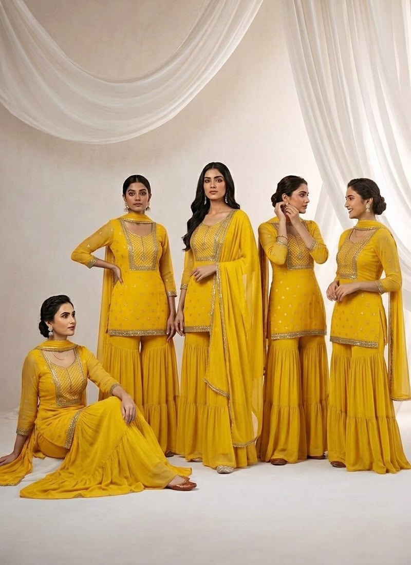 Yellow Georgette Zari Sequins Sharara Suit Festive Wear