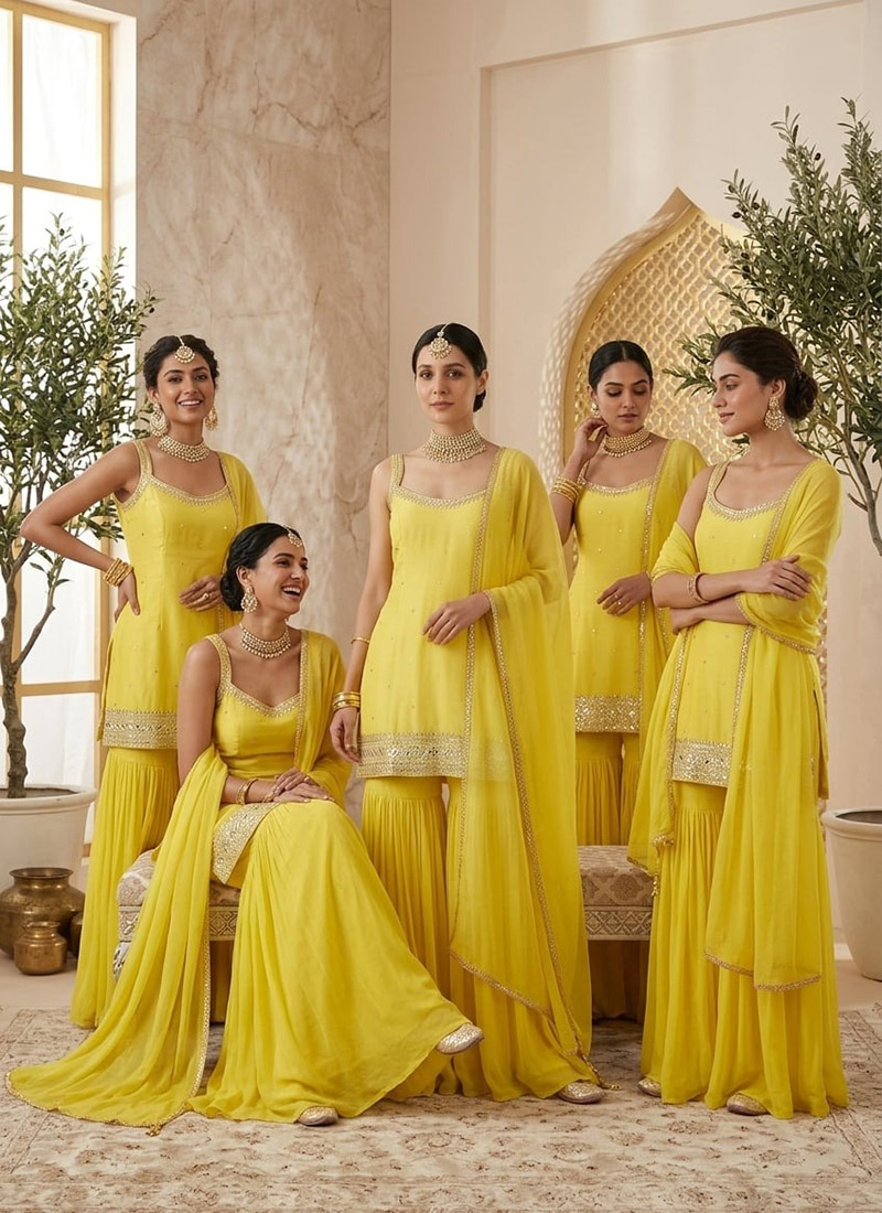 Yellow Georgette Zari Sharara Suit After Six Wear