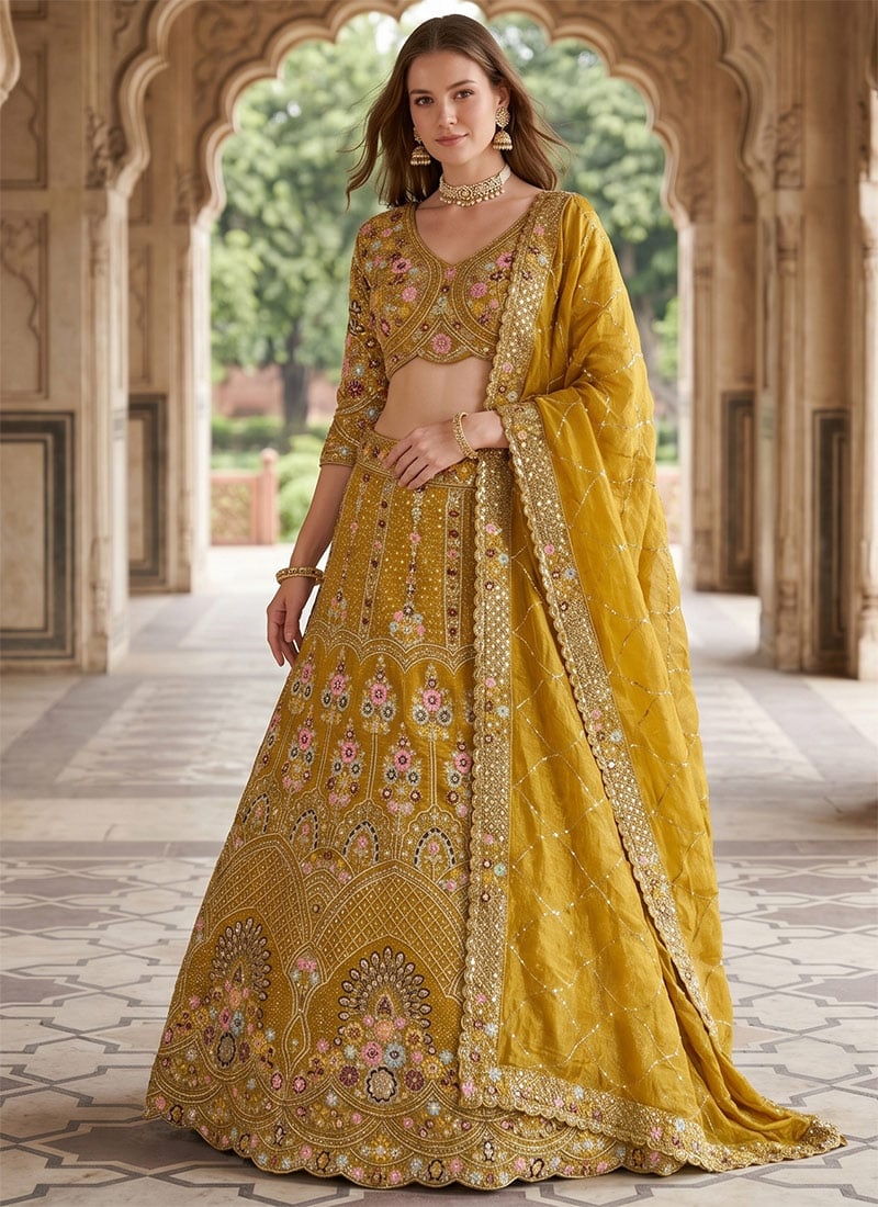 Yellow Gold Crush Embroidery Sequins Lehenga Wedding Wear