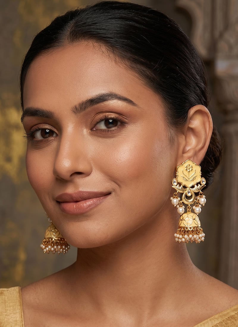 Yellow Golden Floral Stone Pearl Jhumka Earrings After Six Wear