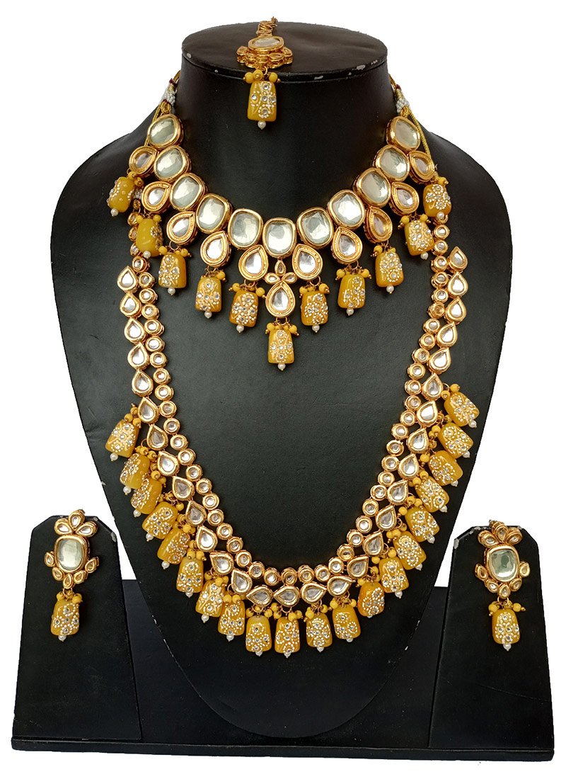 Yellow Golden Plated Kundan And Beads Necklace Set Wedding Wear-JYMNISR504