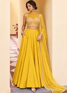 Yellow Halter Neck Embroidered Sequins Embellished Silk Lehenga