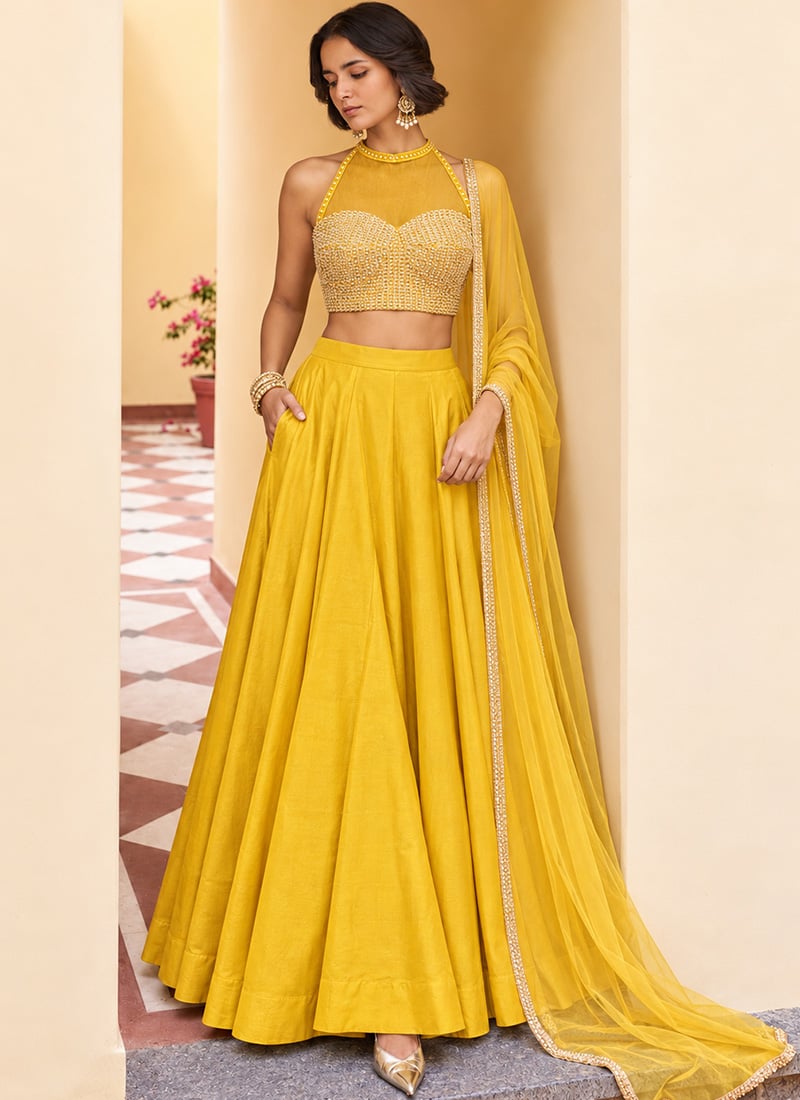 Yellow Halter Neck Embroidered Sequins Embellished Silk Lehenga After Six Wear