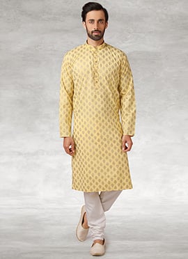 Yellow Handloom Cotton Printed Kurta Pyjama