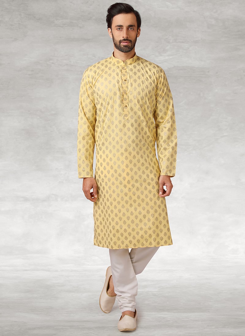 Yellow Handloom Cotton Printed Kurta Pyjama