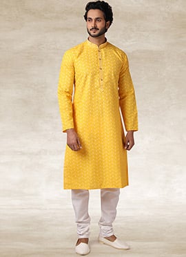 Yellow Handloom Cotton Printed Kurta Pyjama