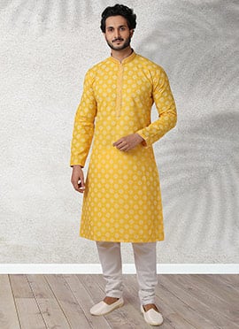 Yellow Handloom Cotton Printed Kurta Pyjama