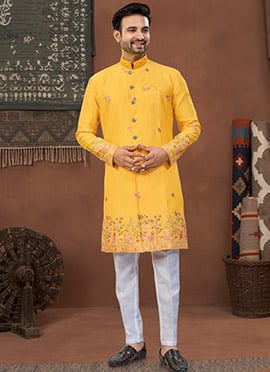Yellow Imported Silk Thread and Sequins Detailed Indowestern Sherwani