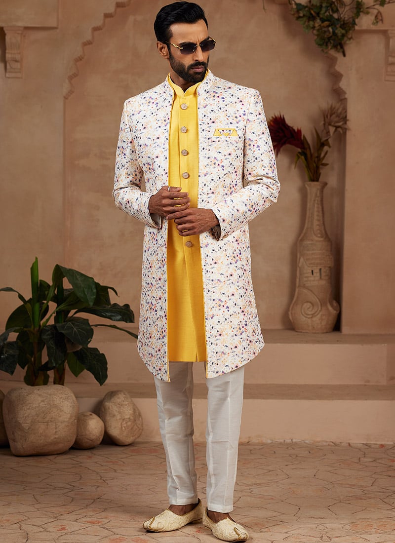 Yellow Jacquard Banarasi Silk Digital Print With Embroidered Sequins Indowestern Sherwani Wedding Wear