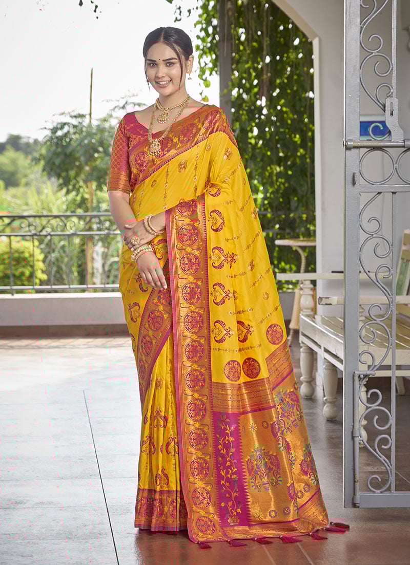 Yellow Jacquard Banarasi Silk Saree Festive Wear