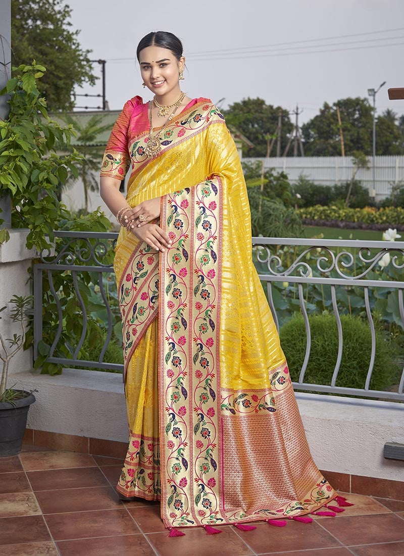 Yellow Jacquard Banarasi Silk Saree Festive Wear