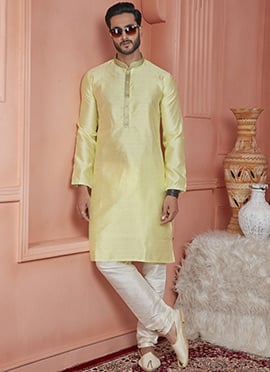 Yellow Jacquard Banarasi Silk Zari Work Kurta Pyjama For Men