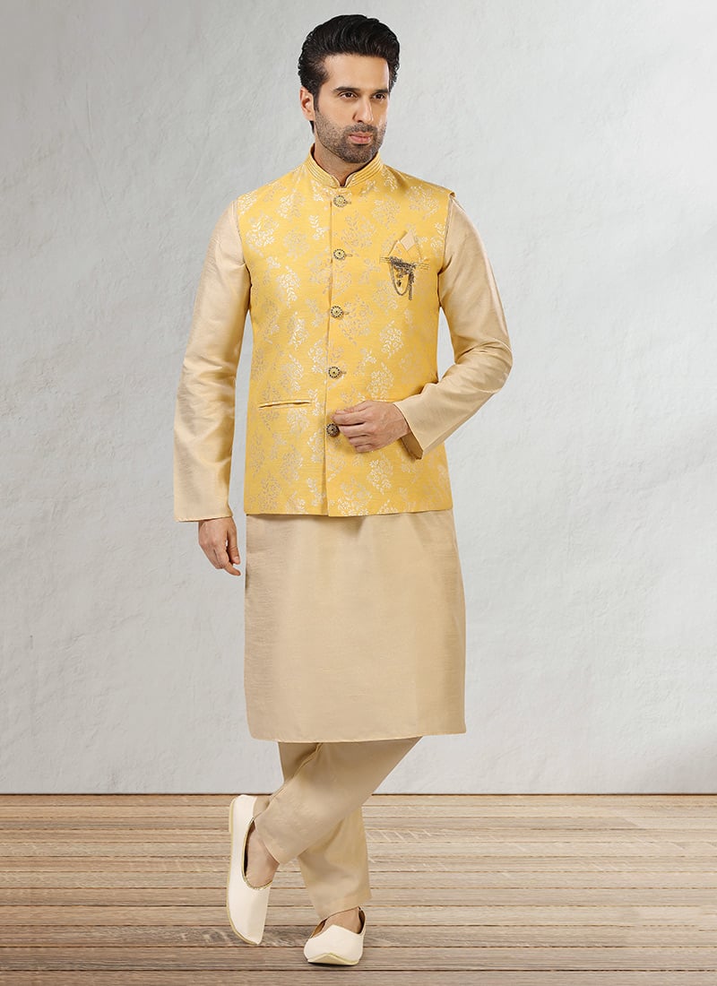 Yellow Jacquard Benarasi Silk Bandi Set Party Wear