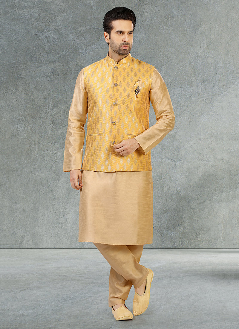 Yellow Jacquard Benarasi Silk Bandi Set Party Wear