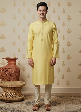Yellow Jacquard Embroidered Kurta Pyjama