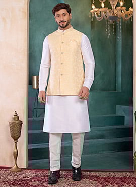 Yellow Jacquard Silk Bandhgala Jacket