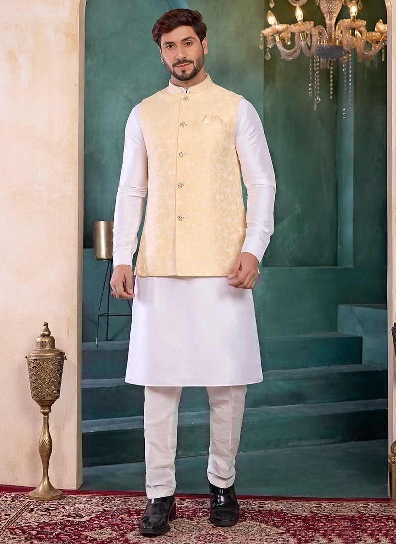 Yellow Jacquard Silk Bandhgala Jacket